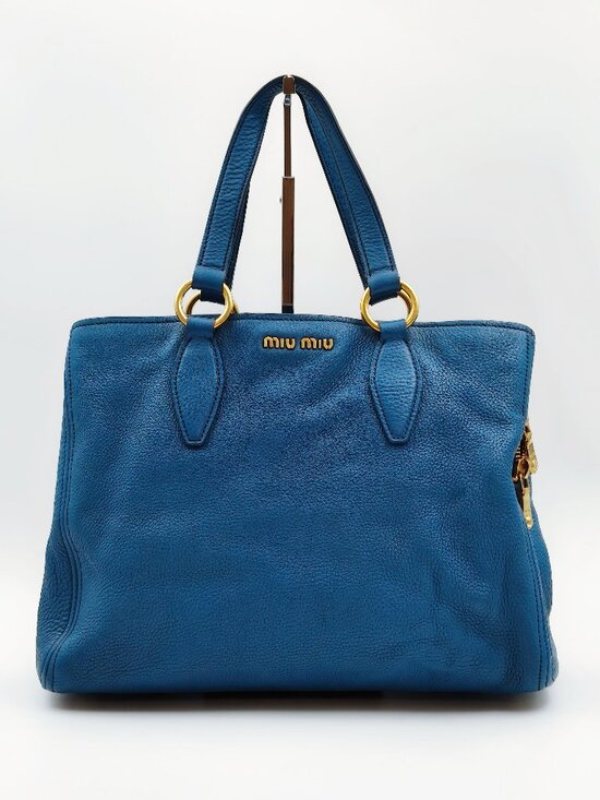 Miu Miu Handbags - Miu Miu Blue Pebbled Leather Tote Shoulder Bag Gold Hardware
